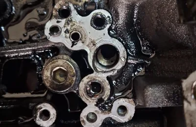 Engine block with the cylinder head removed, studs exposed