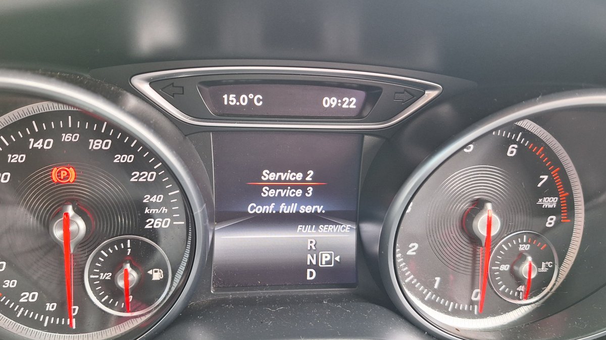 Mercedes-Benz instrument cluster showing a service due message