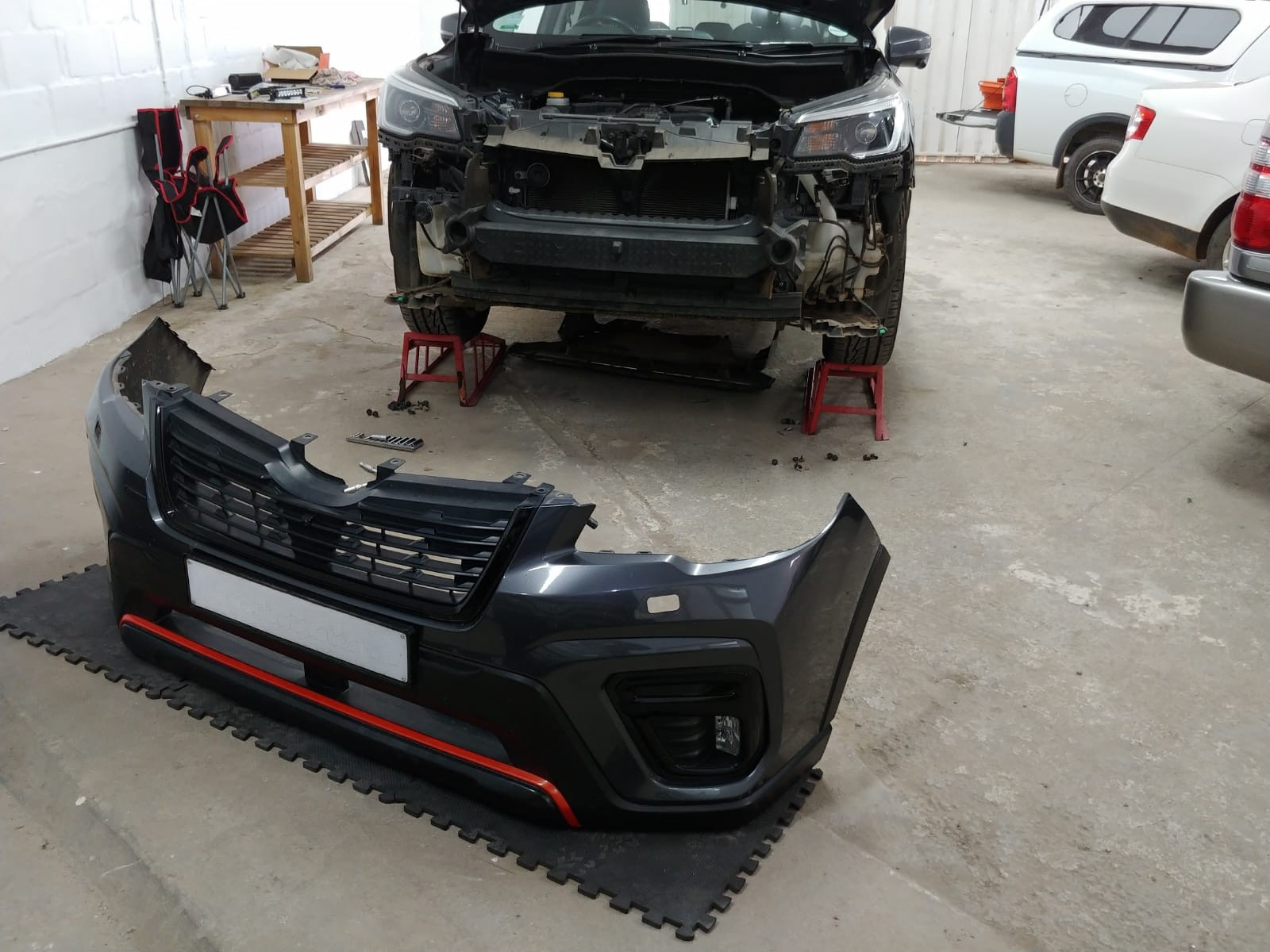 Subaru Forester with bumper removed for LED light bar fitment