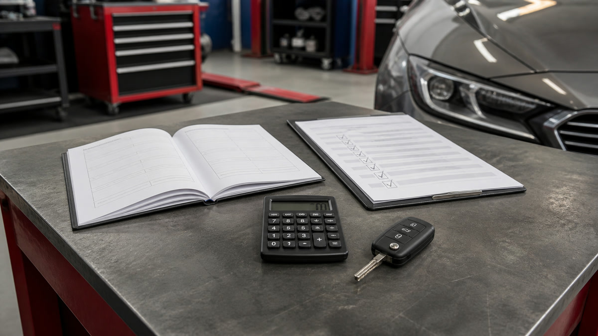 Car service plan paperwork beside workshop tools and a calculator on a workbench