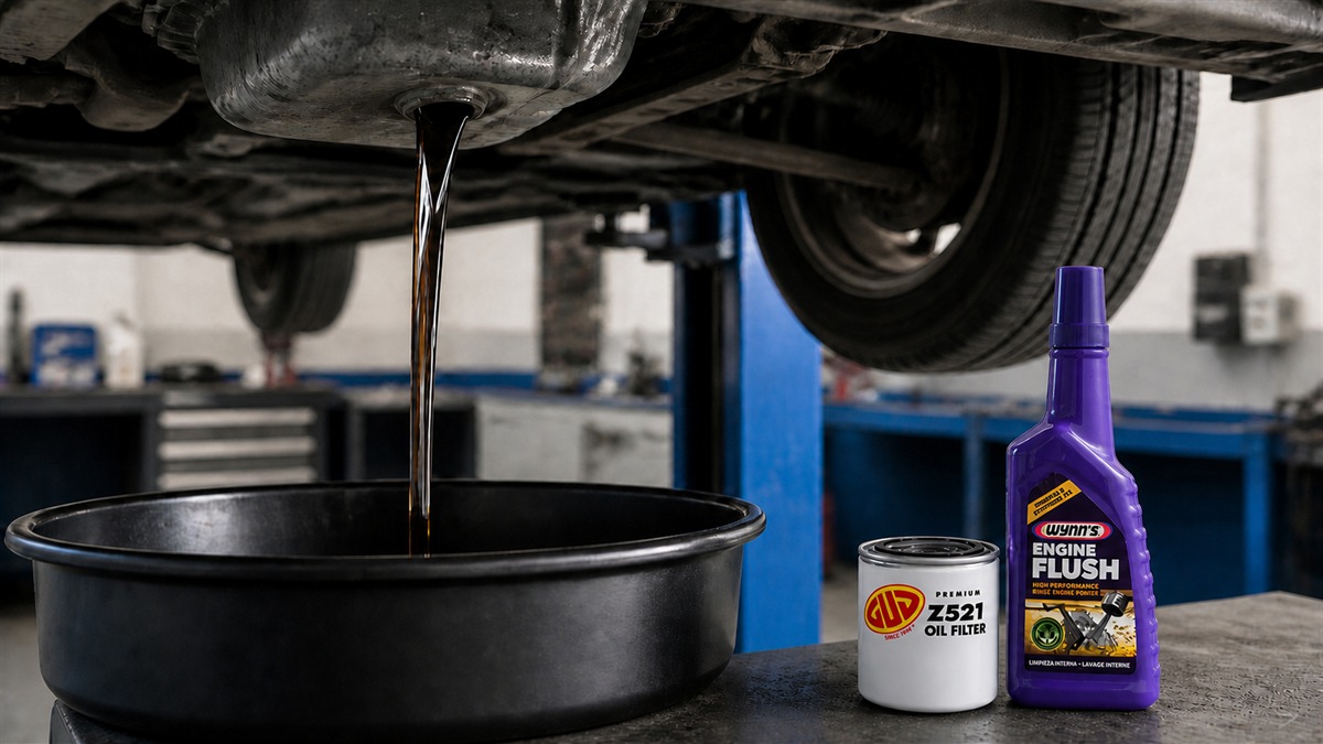 Wynn's Engine Flush bottle and Z521 oil filter beside draining engine oil