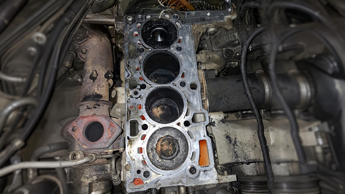 Exposed engine block during head gasket repair at Fangio Auto