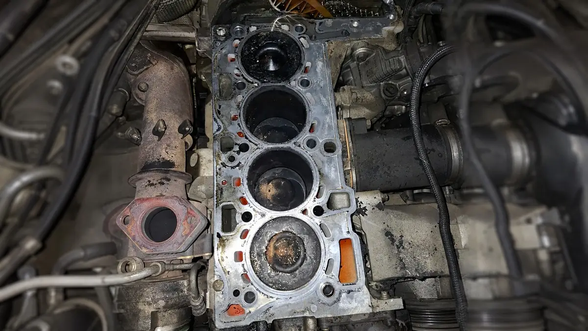 Exposed engine block during head gasket repair at Fangio Auto