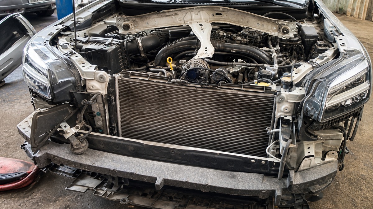 Radiator installed in a vehicle during cooling-system repair
