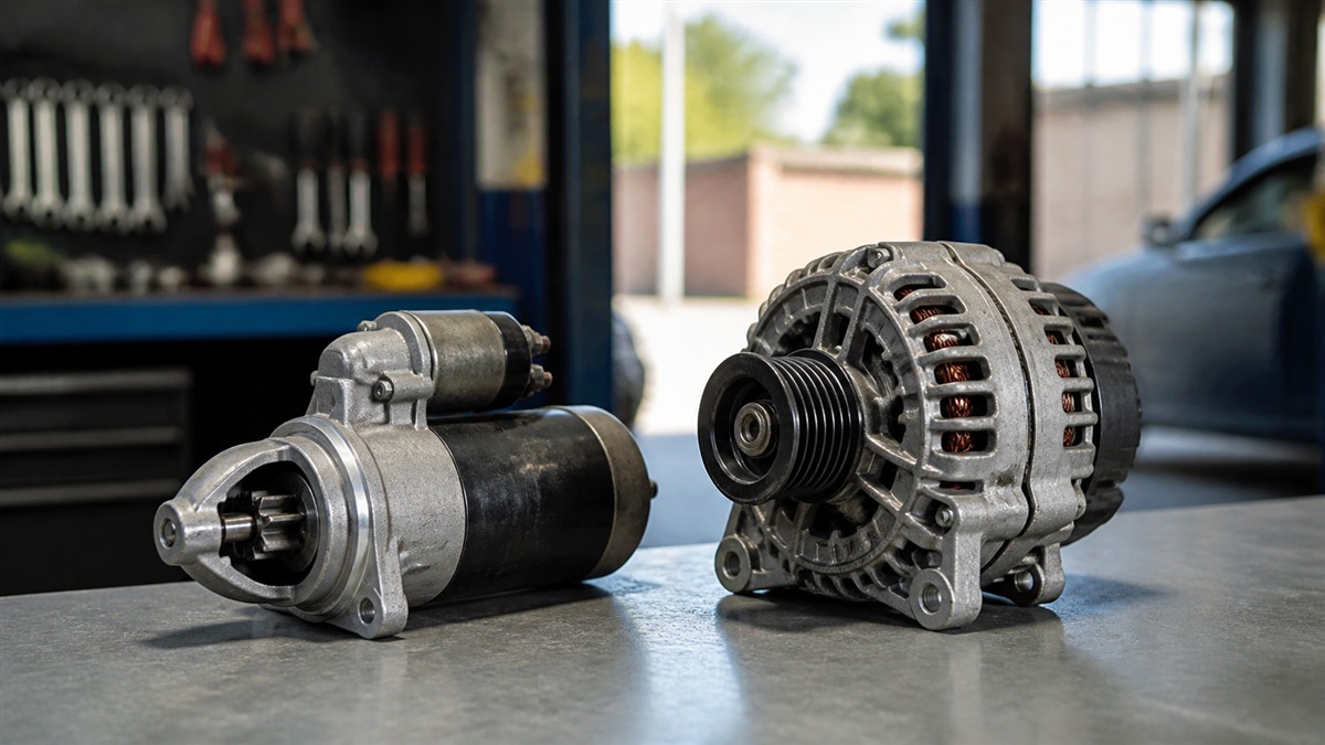 Starter motor and alternator on a workshop bench for diagnosis