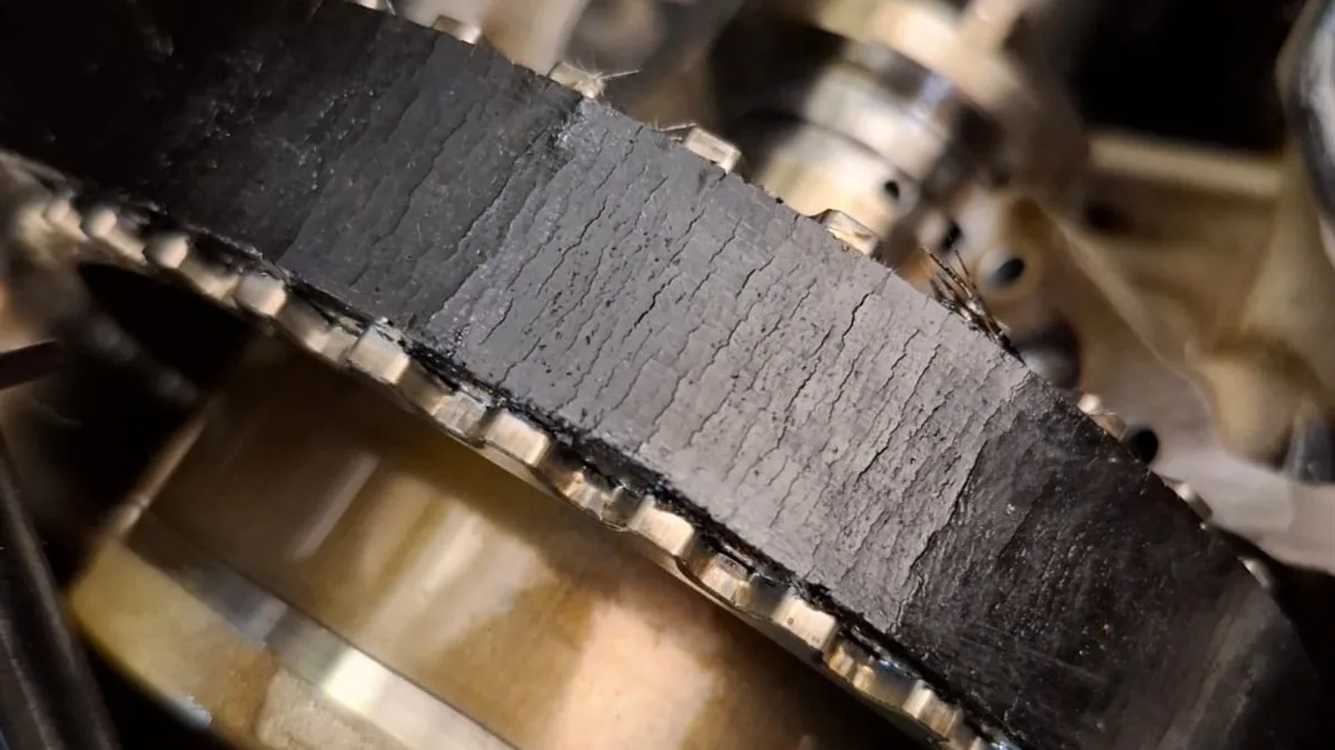 Close-up of a worn timing belt showing cracking and damaged edges